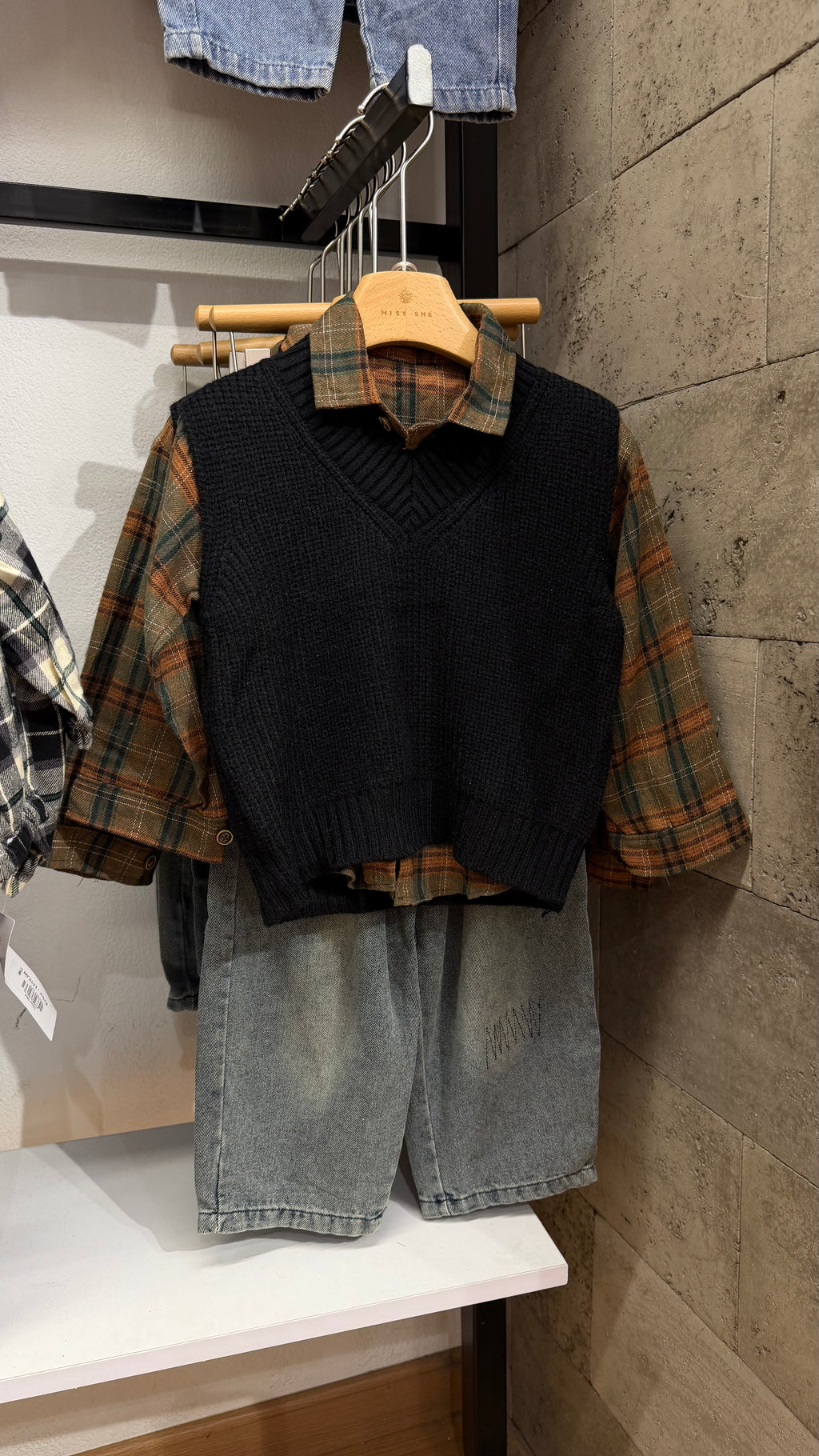 Leo 3Piece Set - Black Vest & Orange Plaid