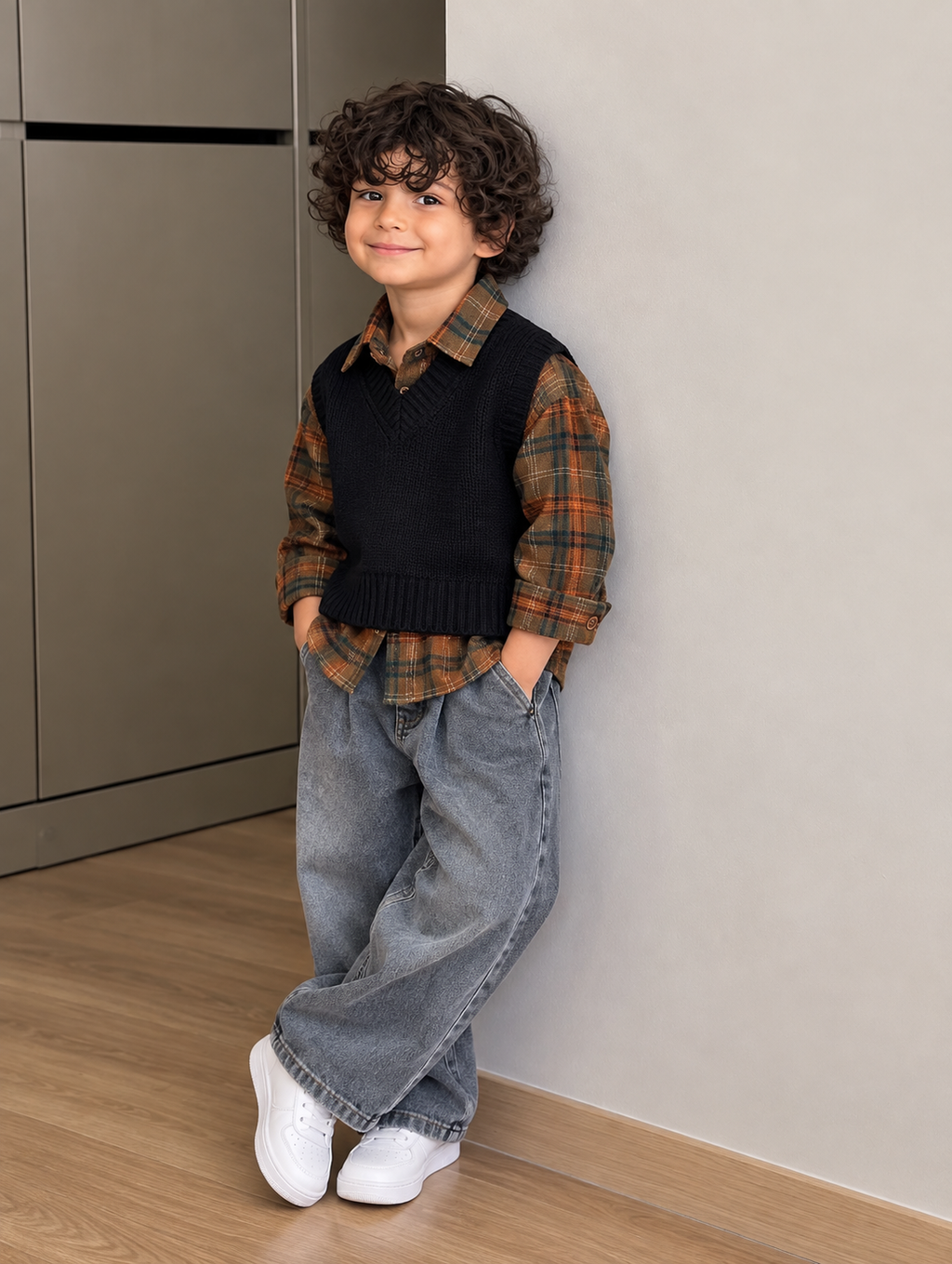 Leo 3Piece Set - Black Vest & Orange Plaid